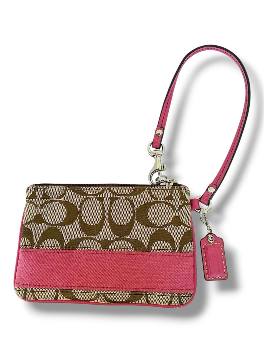 Coach Signature Stripe Wristlet in Khaki/Punch 4”X6”